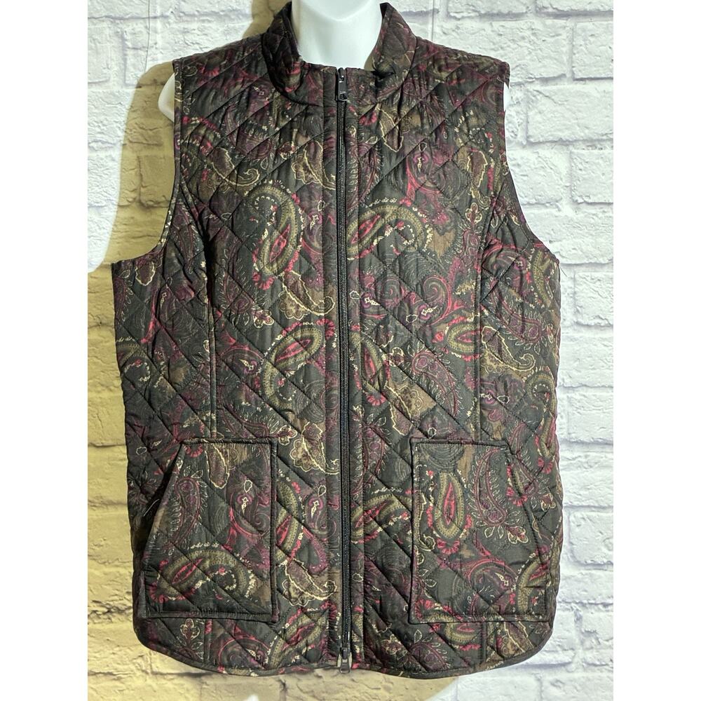 J. Jill Heritage Quilted Vest Large Paisley Brown Burgundy Zip Front Pockets
